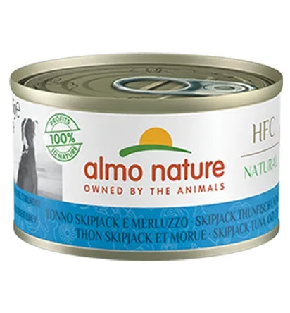 Almo Nature – HFC Natural – Alimento umido per cani adulti – Tonno Skip jack e Merluzzo (Pacco da 24 lattine x 95g cad)