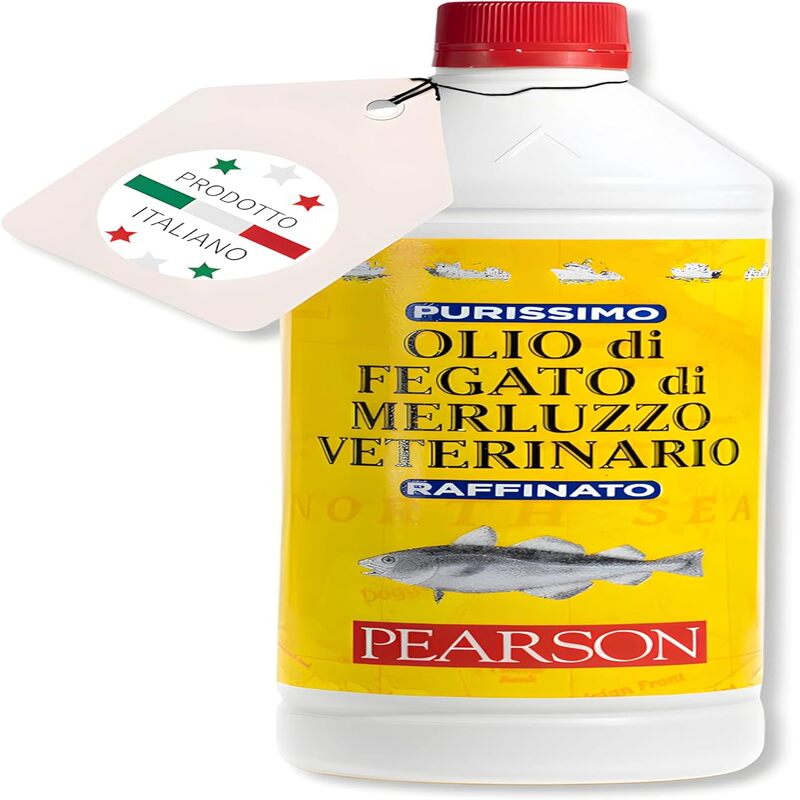 Pearson – 1 Litro di Purissimo Olio di Fegato Di Merluzzo Veterinario per Cani, Gatti, Cavalli e altri animali – Pelo lucido e Sano, Fonte di Vitamine e Omega3.