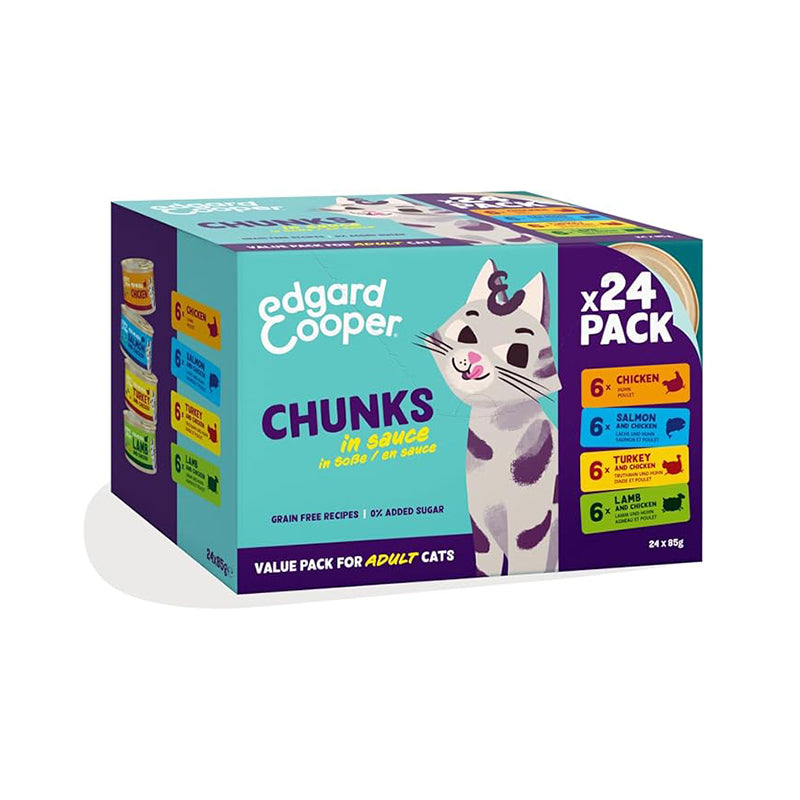 Edgard & Cooper – Cibo umido per gatti – 4 gusti, multipack bocconcini in salsa (24 x 85g, Pollo/Salmone/Tacchino/Agnello)