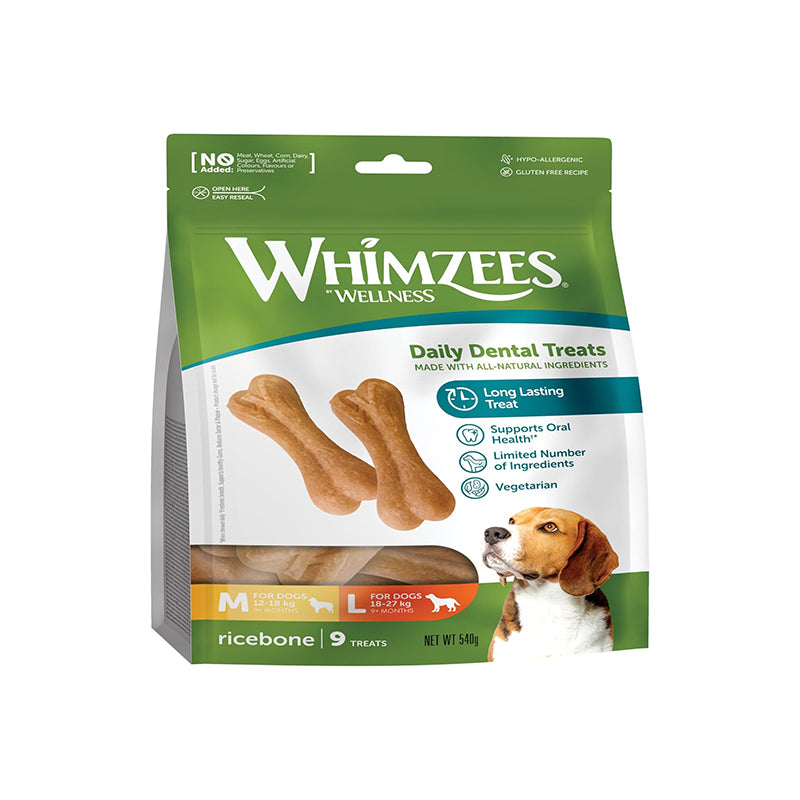 Whimzees – Zahnpflege-Leckerlis für Hunde – Langanhaltende Kausnacks – Reisknochen – Größe L – 9er-Pack