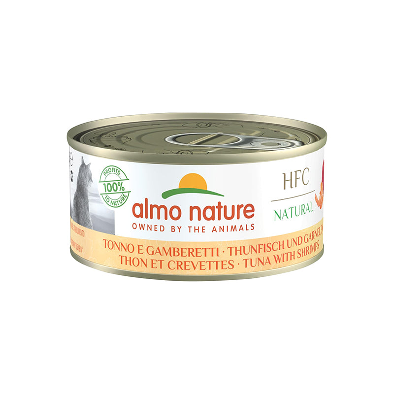 Almo Nature – HFC Natural – Alimento umido per gatti adulti. – 24 lattine da 150g – Gusto Tonno e Gamberetti