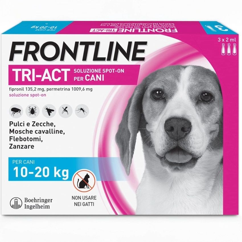 FRONTLINE TRI-ACT Cani 10-20 Kg – 3 Pipette – Antiparassitario BOEHRINGER – Protezione contro Pulci, Zecche e Pappataci