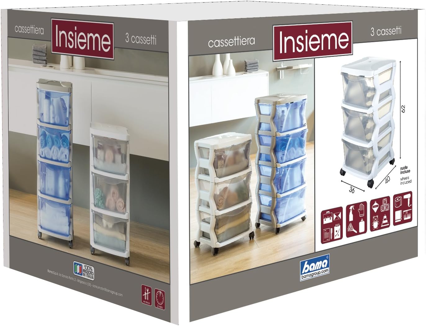 Bama – Cassettiera Impilabile – 3 Cassetti – Colore Bianco