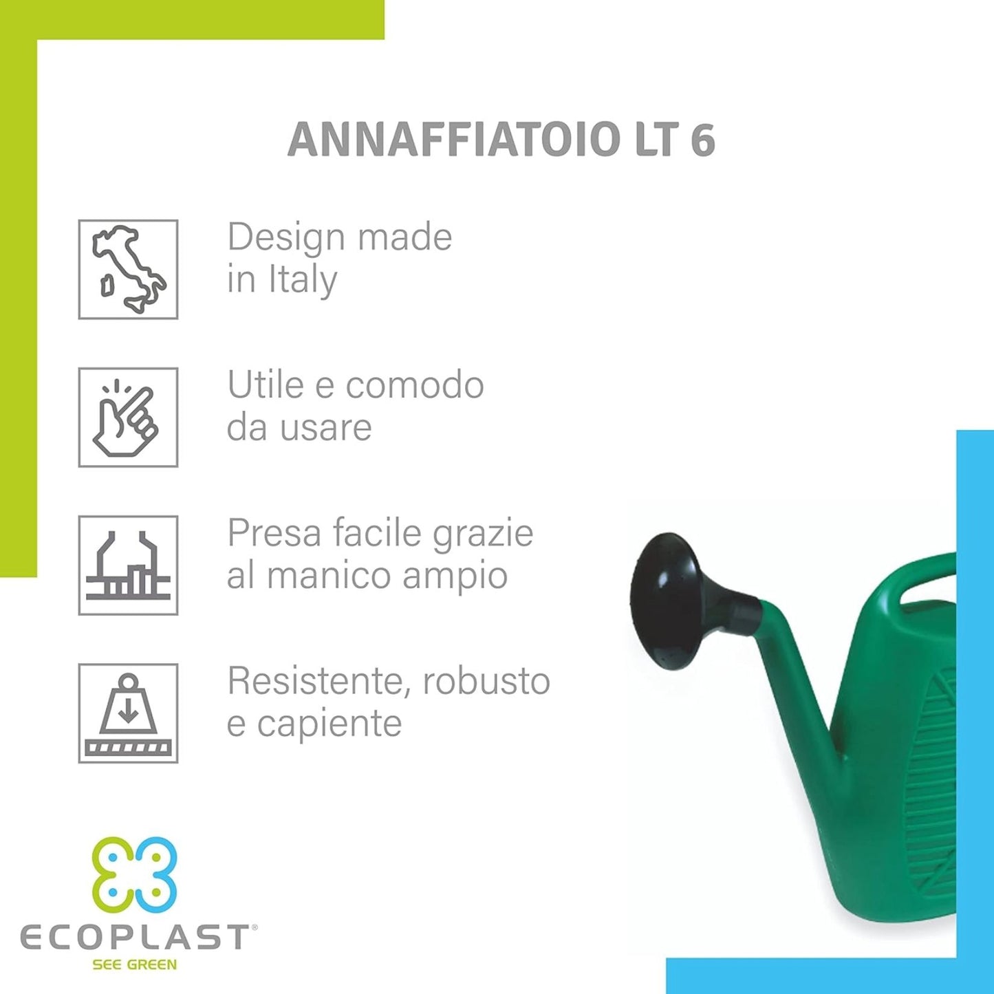 Annaffiatoio da Giardino Ecoplast 6L – In Plastica Verde Resistente, Made in Italy – Comodo e Leggero