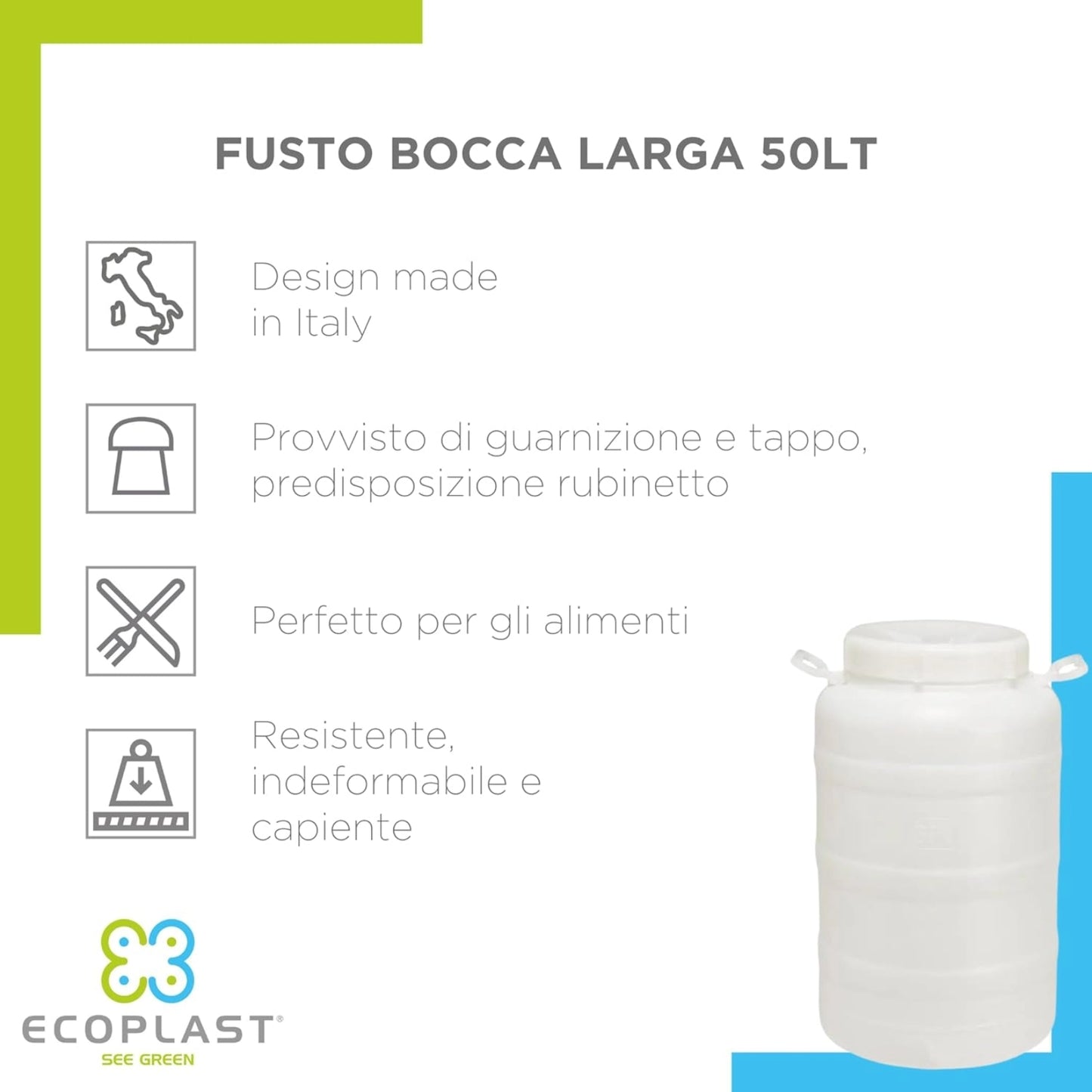 Ecoplast – Fusto Plastica 50LT Bocca Larga con Guarnizione Ermetica – Contenitore Neutro Ø355×62,5?cm (Rubinetto Non Incluso)