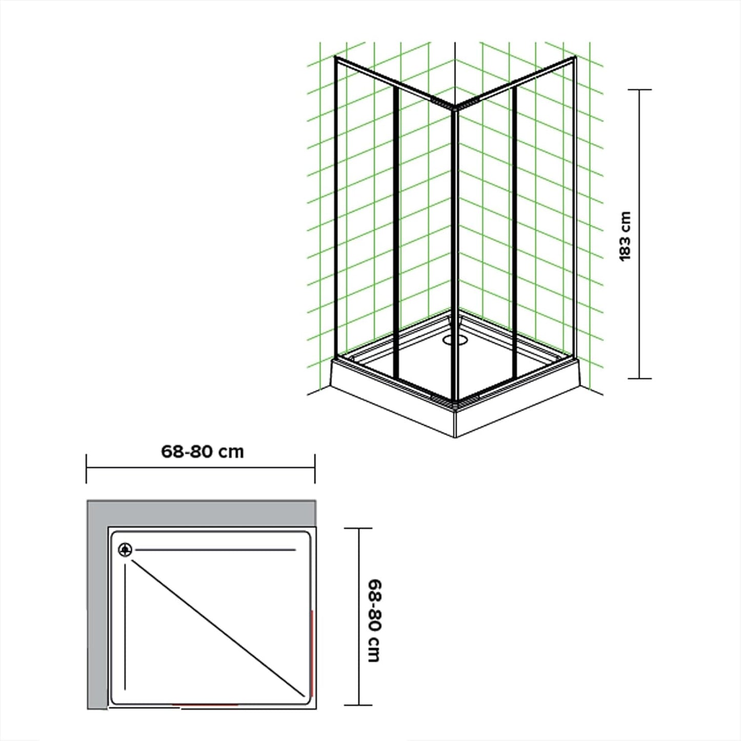 Garofalo Box Doccia Angolare 80×80 cm – Cabina Acrilico con Porte Scorrevoli e Profili in Alluminio Regolabile – Altezza: 183 cm