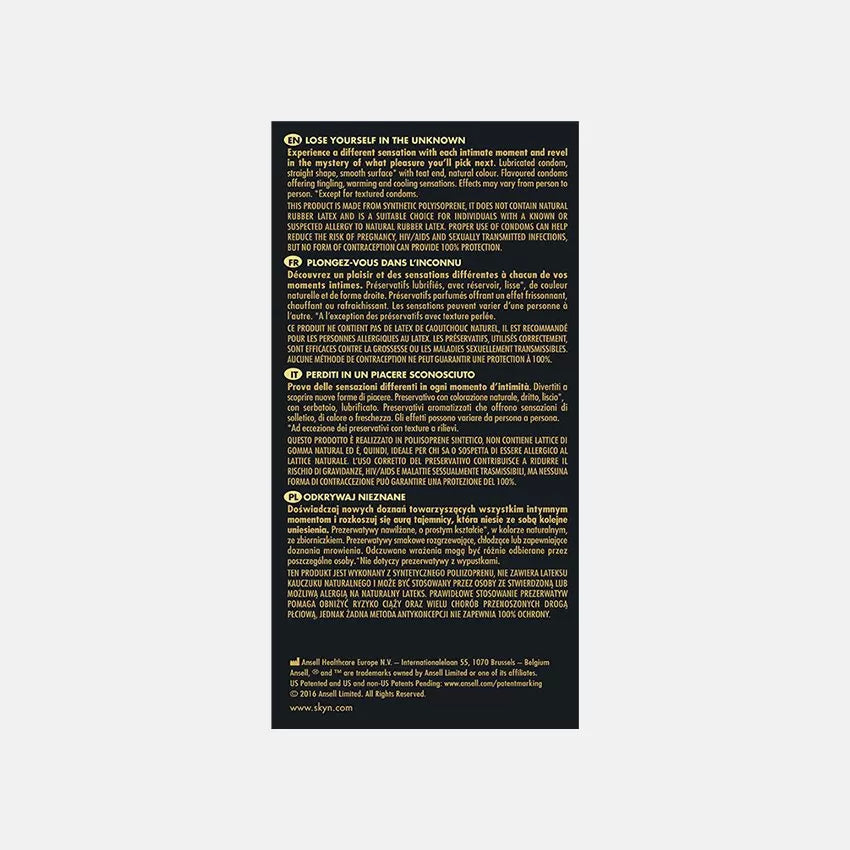 SKYN® Unknown Pleasures – Latexfreie Polyisopren-Kondome (SKYNFEEL®), Sortiert: Sanft & stimulierend, Aromatisiert mit Wärme-/Kribbel-/Kälteeffekt, Breite 53 mm, mit Reservoir. Packung mit 42 Kondomen