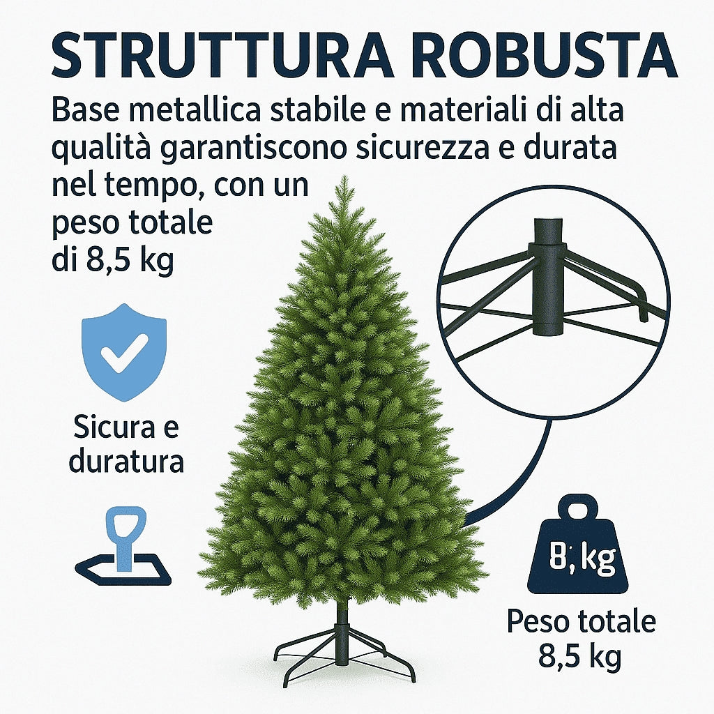 Albero di Natale 210 cm Modello: Gaetano con Luci LED – 1874 Rami Ultra Realistici, Montaggio ad Ombrello, Ø137 cm – Alta Qualità & Magia Natalizia