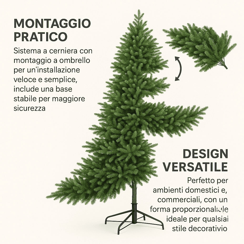 Albero di Natale “Winter Elegance” CM.210 PE+PVC – 1418 Rami per un Effetto Naturale, Diametro 124 cm