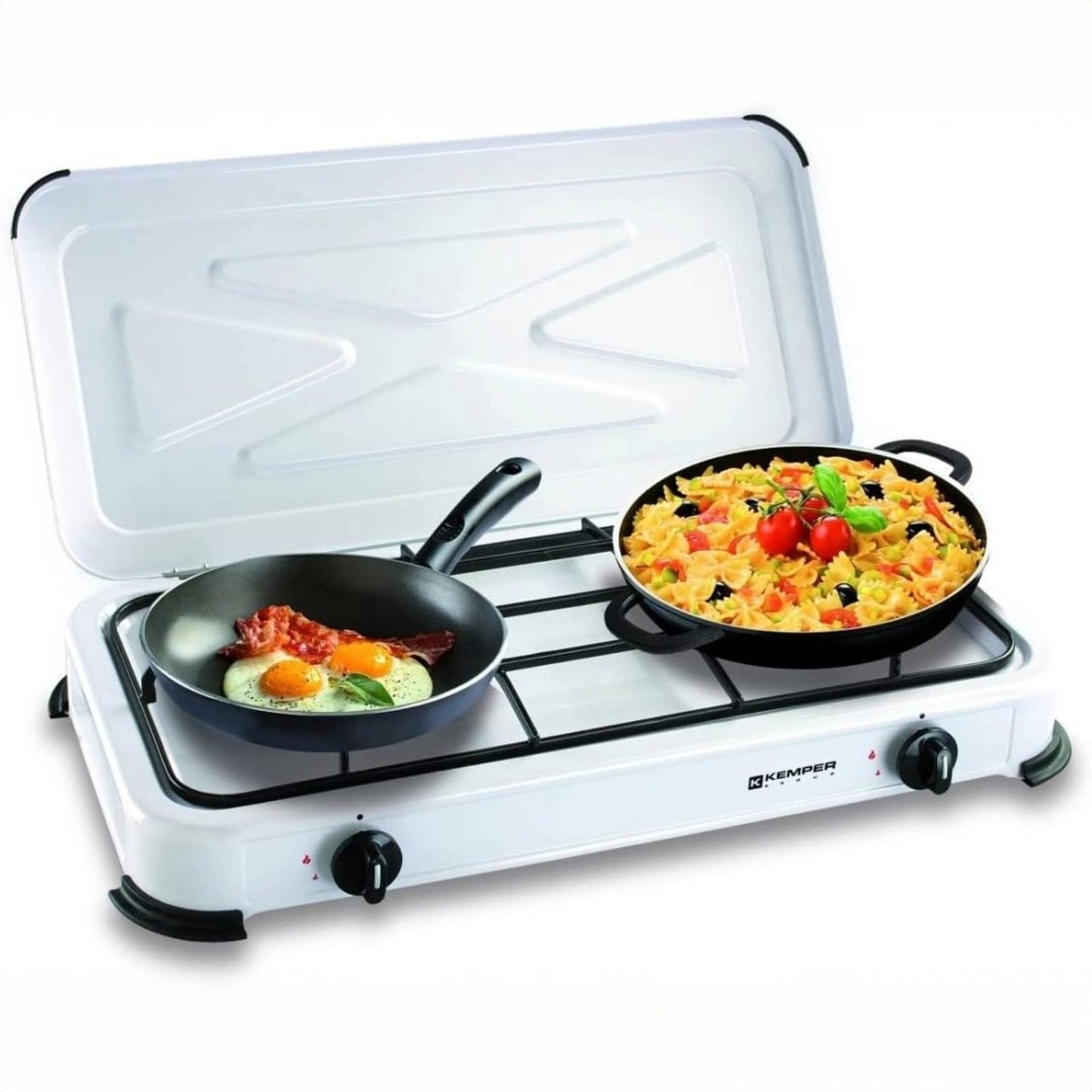 KEMPER - Fornello a gas portatile 2 fuochi 2600 W bianco laccato coperchio piano cottura