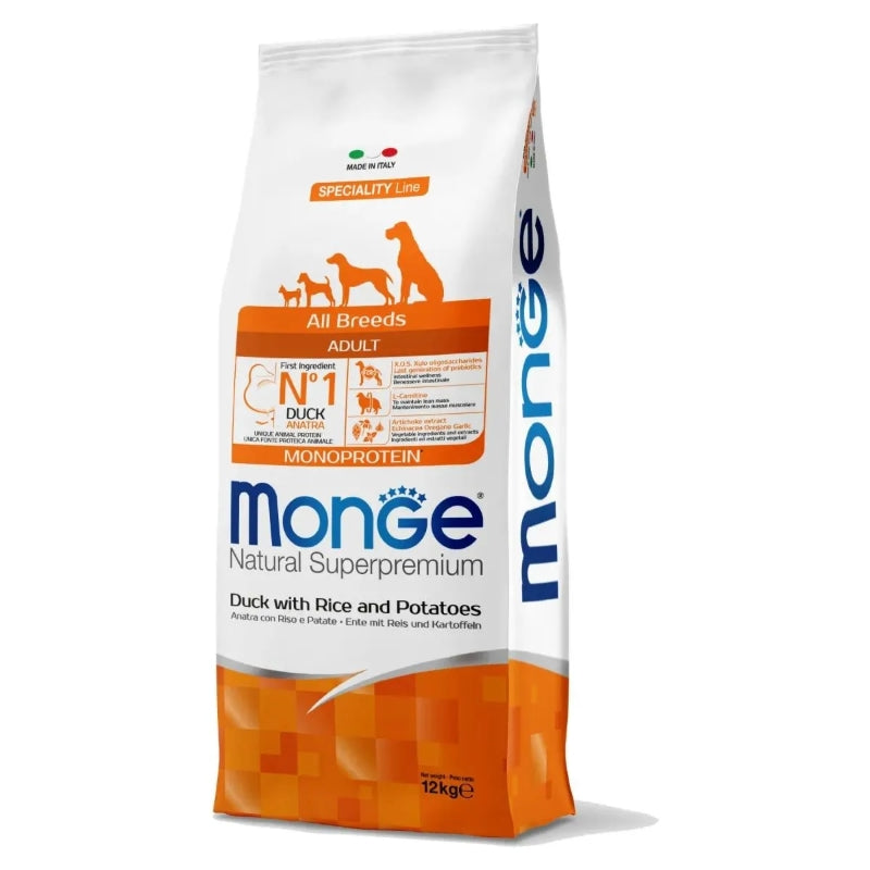 Monge – Natural Superpremium All Breeds Puppy &amp; Junior Monoprotein – Ente mit Reis und Kartoffeln – 12 kg 