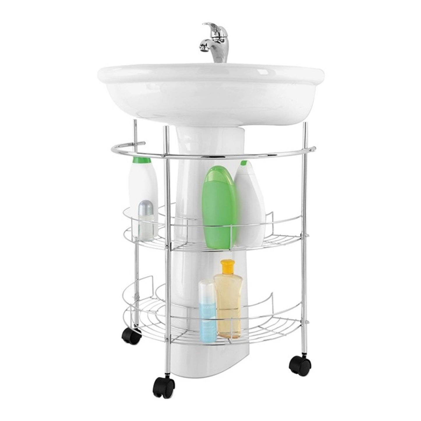 Feridas – Waschbeckenunterschrank aus verchromtem Stahl mit 2 Ablagen und Rollen – praktischer, platzsparender Badezimmer-Organizer 