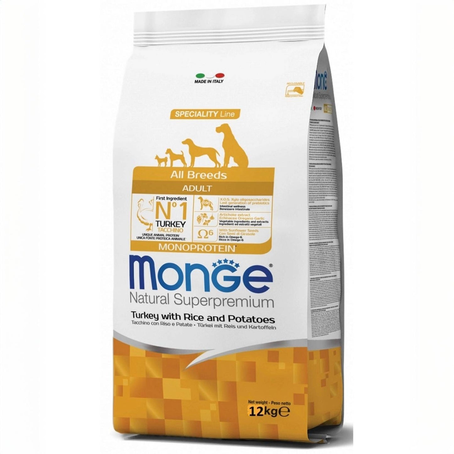 Monge Natural – Superpremium All Breeds Adult Monoprotein – Truthahn mit Reis und Kartoffeln – 12 kg 