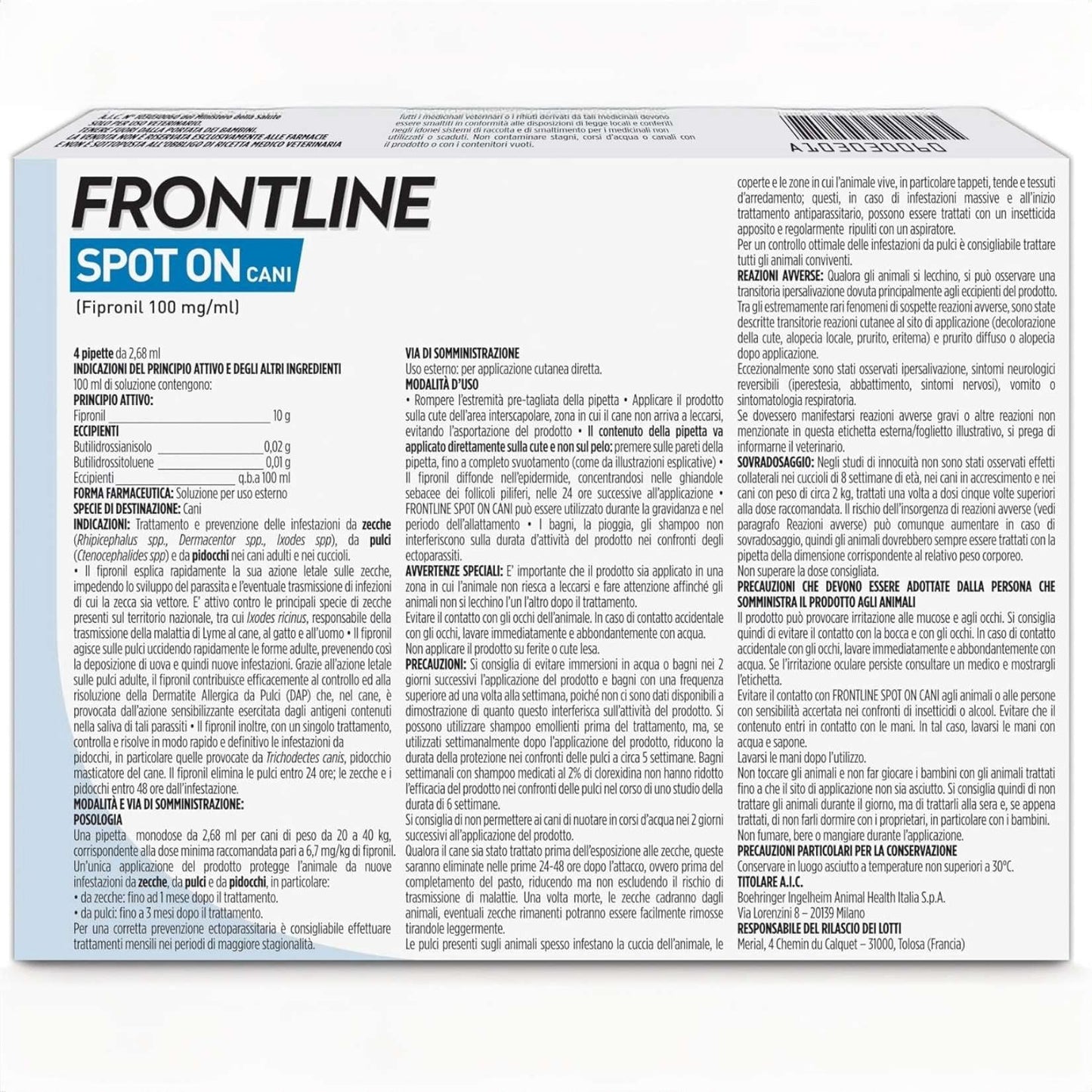 FRONTLINE Spot On Cani 20-40 Kg | 3 Pipette | Antiparassitario BOEHRINGER | Protezione Pulci e Zecche