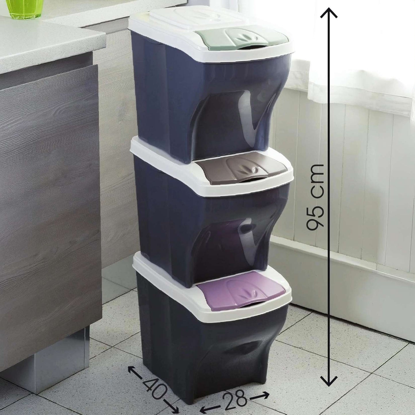 Bama – Poker Tris Abfalltrennbehälter – Modular 20 Liter Fassungsvermögen – Maße 28 x 40 x 31 cm – Verschiedene Farben 