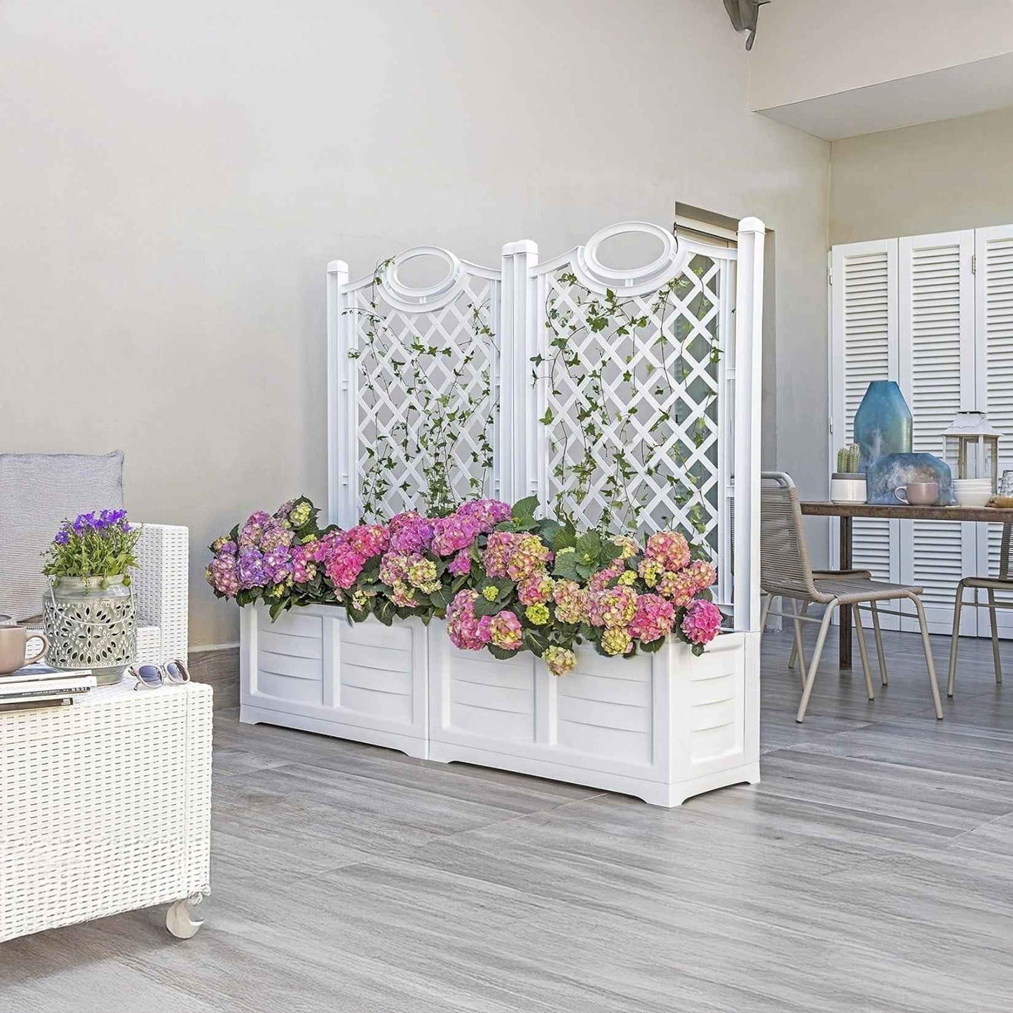 Bama – Pflanzkübel mit Rückwand – Weiß – Maße: 80 x 42,5 x 150 cm 