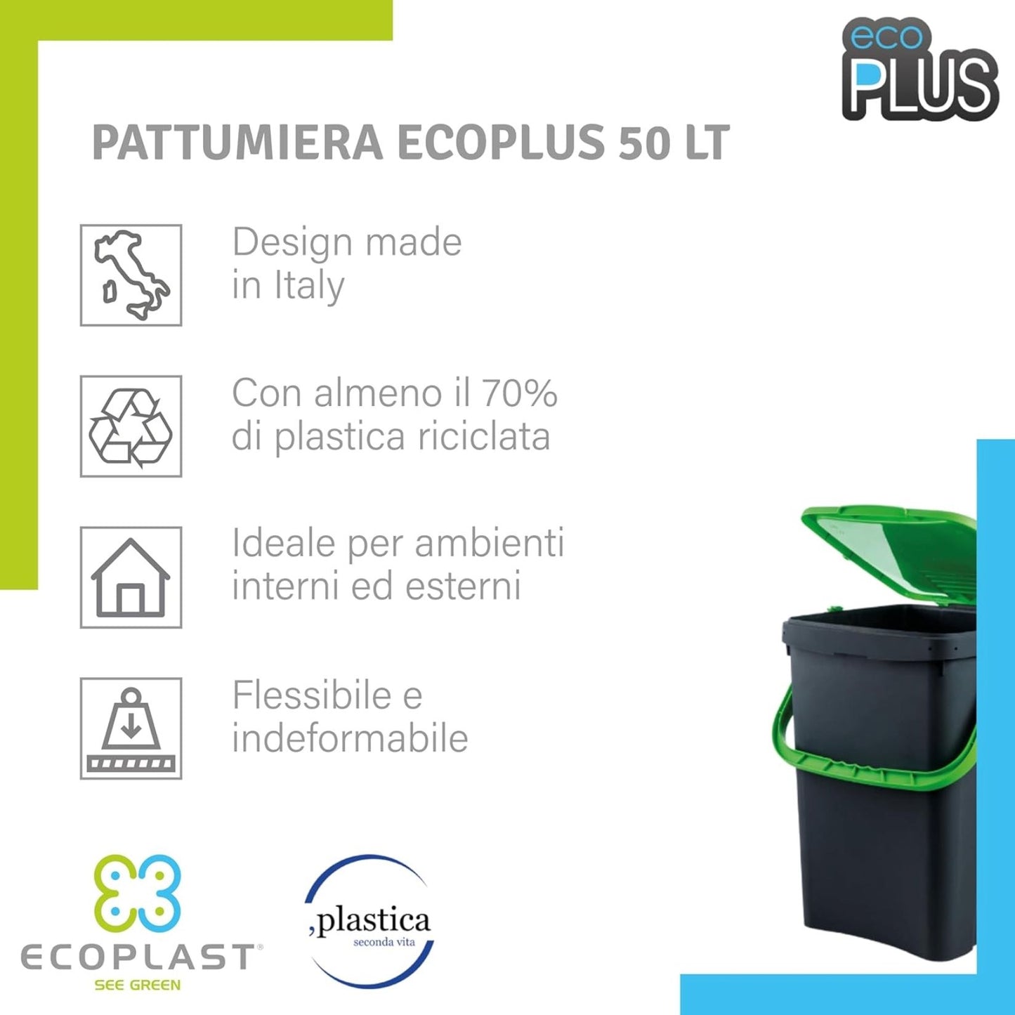 Ecoplast Blauer 50-Liter-Mülleimer – Mülleimer aus recyceltem Kunststoff, 43 x 41 x 54,4 cm, robust und Made in Italy