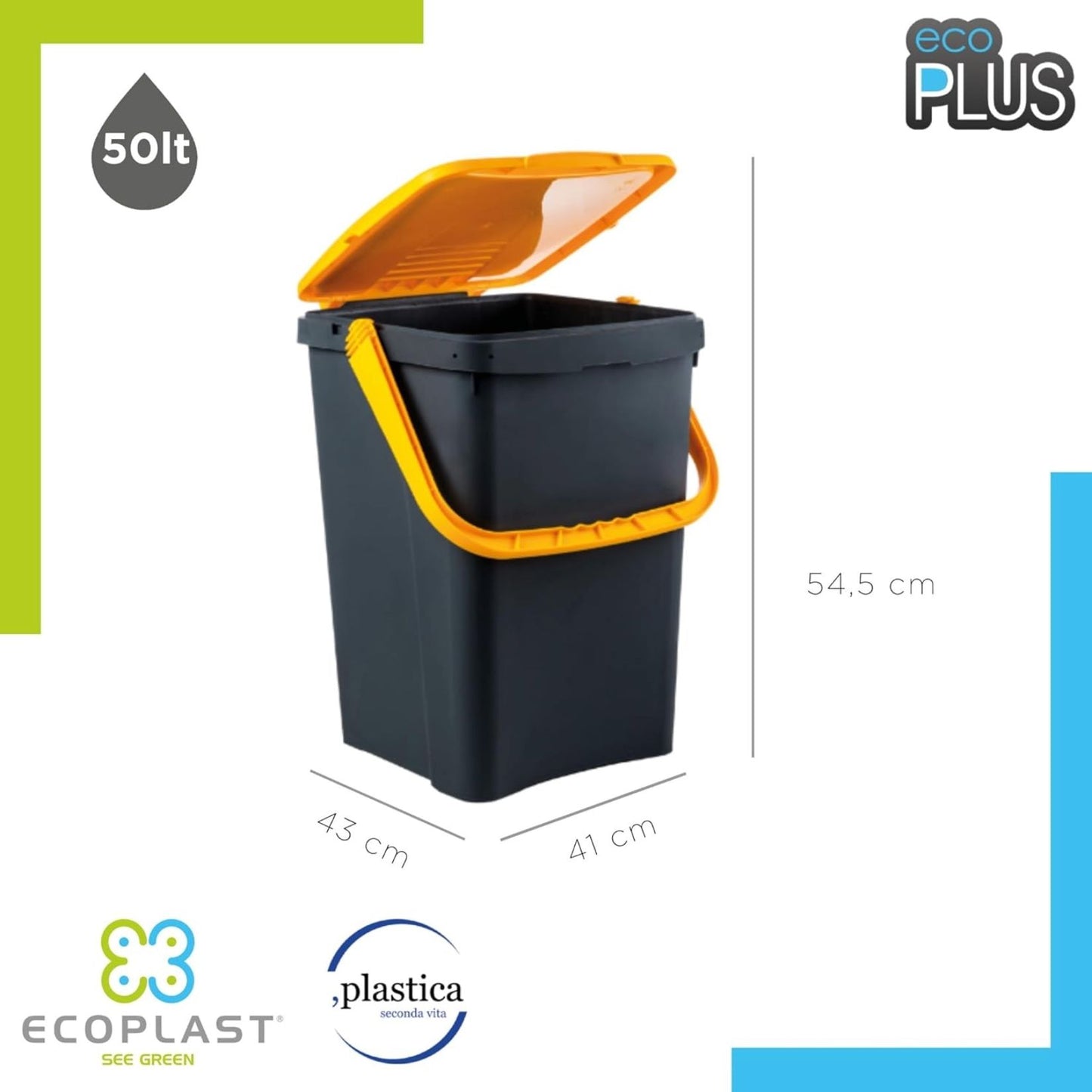 Ecoplast Bidone Raccolta Differenziata 50L Giallo – Pattumiera in Plastica Riciclata, 43x41x54, Made in Italy