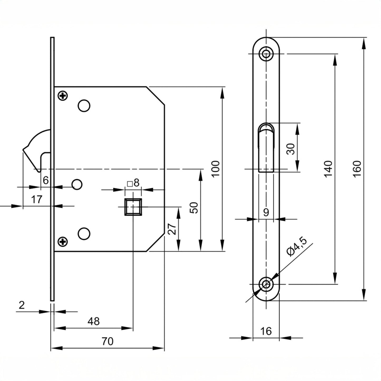 50 mm Hakenschloss-Set für Schiebetüren – VI.TEL. E0262N 51 in Satin-Chrom, elegant und robust 