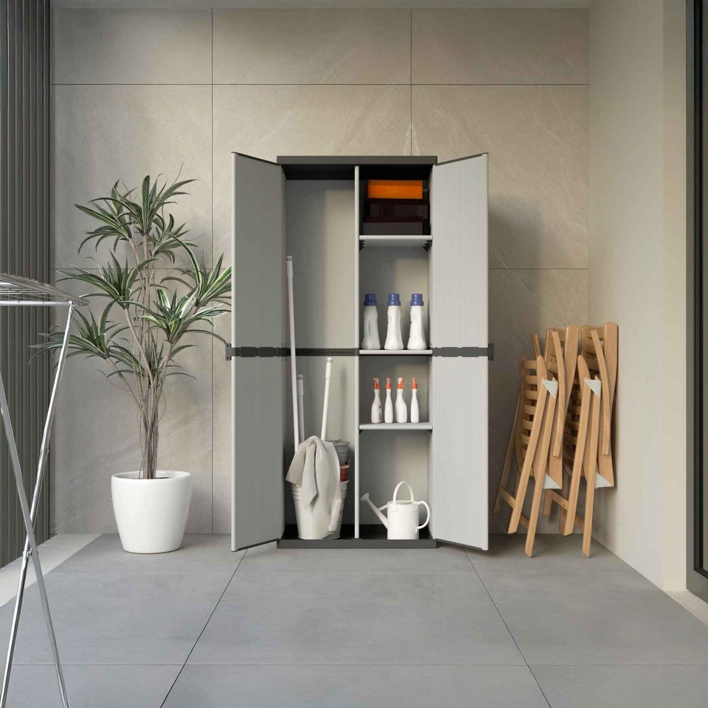 Mongardi – Besenschrank aus Kunstharz mit 2 Türen und verstellbaren Regalen (innen/außen) – 68 x 40 x 165 