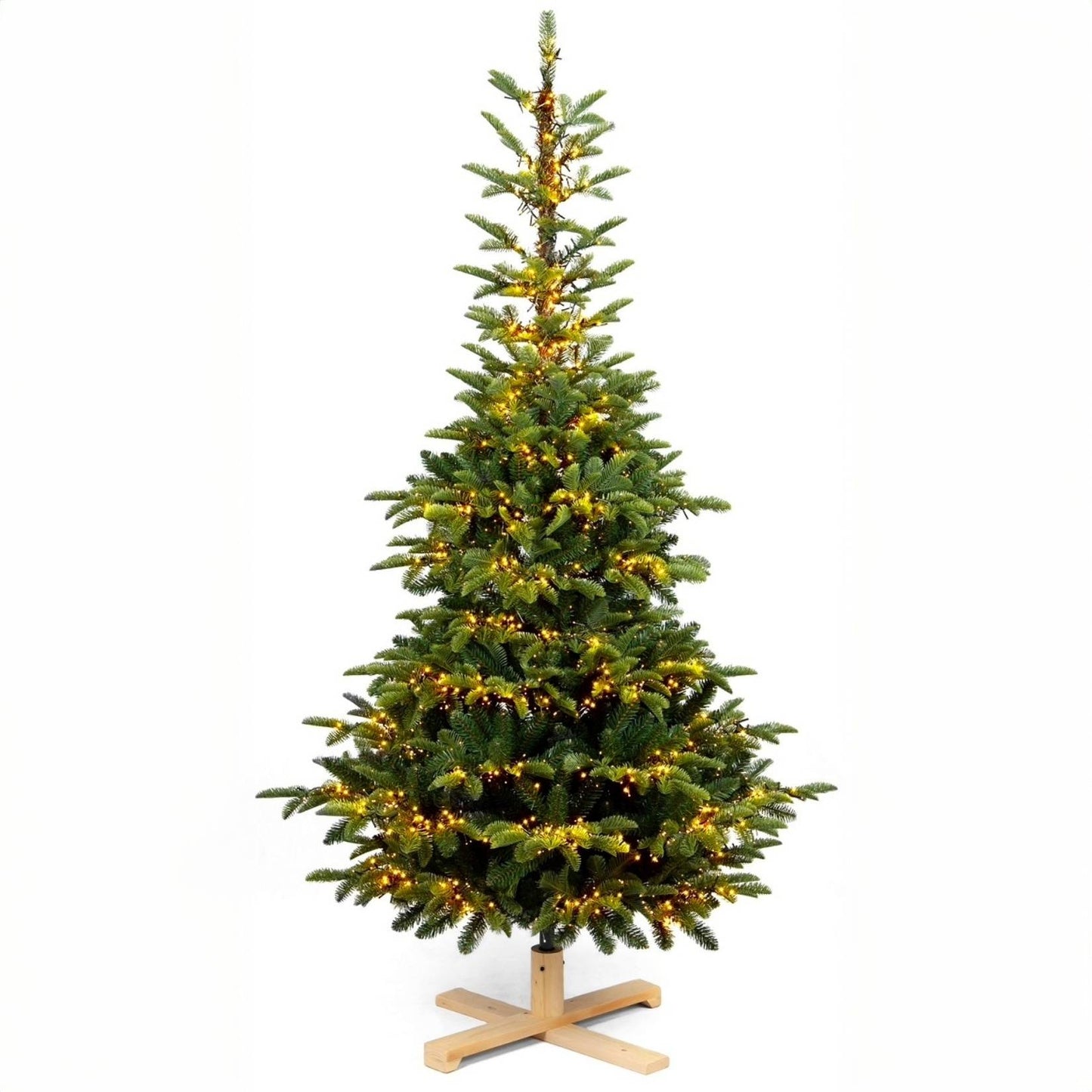 Albero di Natale 210 cm Modello Samu con Luci LED Calde e Base in Legno – 731 Rami Realistici in PE+PVC, Ø111 cm, Montaggio Ombrello e Giochi di Luce