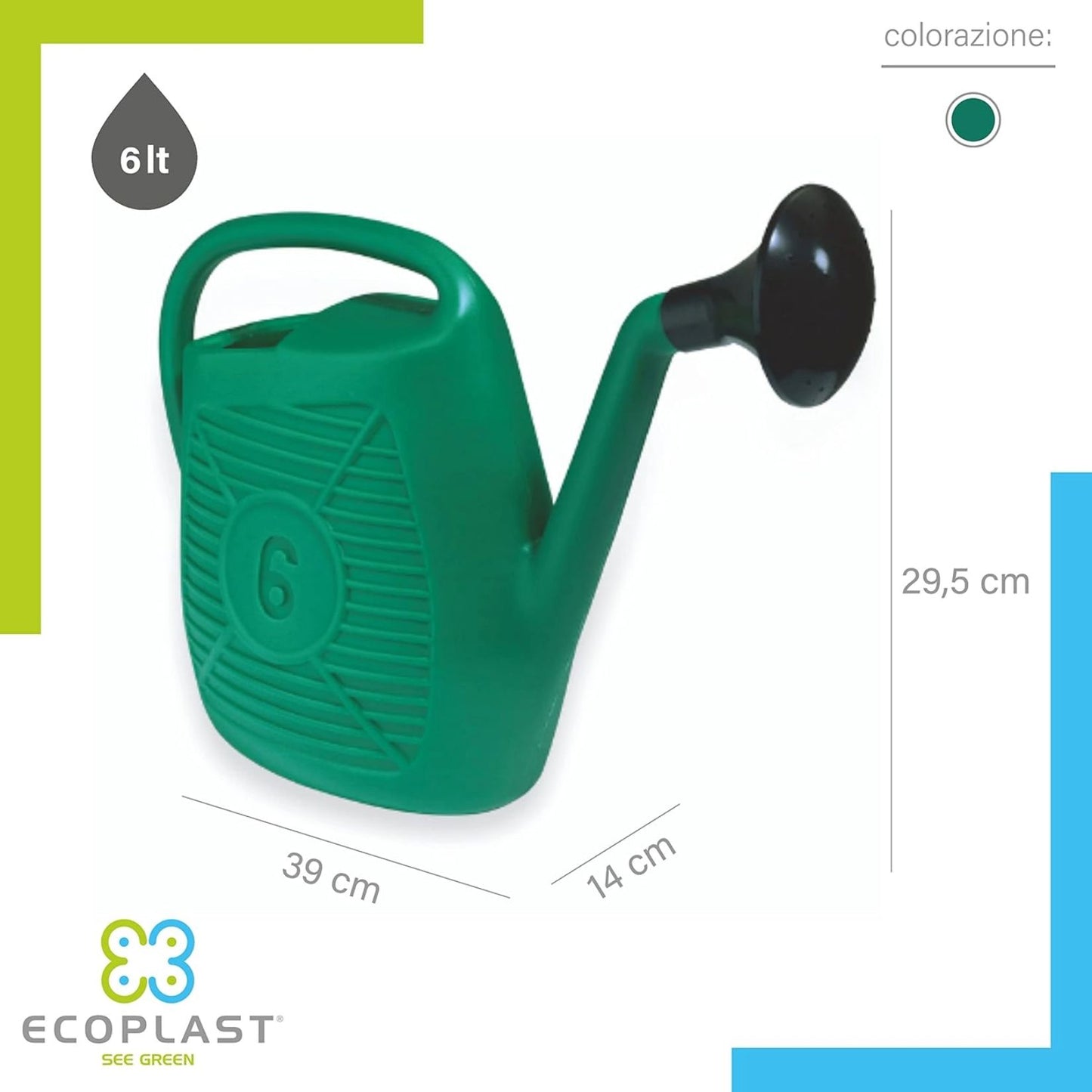 Annaffiatoio da Giardino Ecoplast 6L – In Plastica Verde Resistente, Made in Italy – Comodo e Leggero