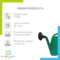 Annaffiatoio da Giardino Ecoplast 6L – In Plastica Verde Resistente, Made in Italy – Comodo e Leggero