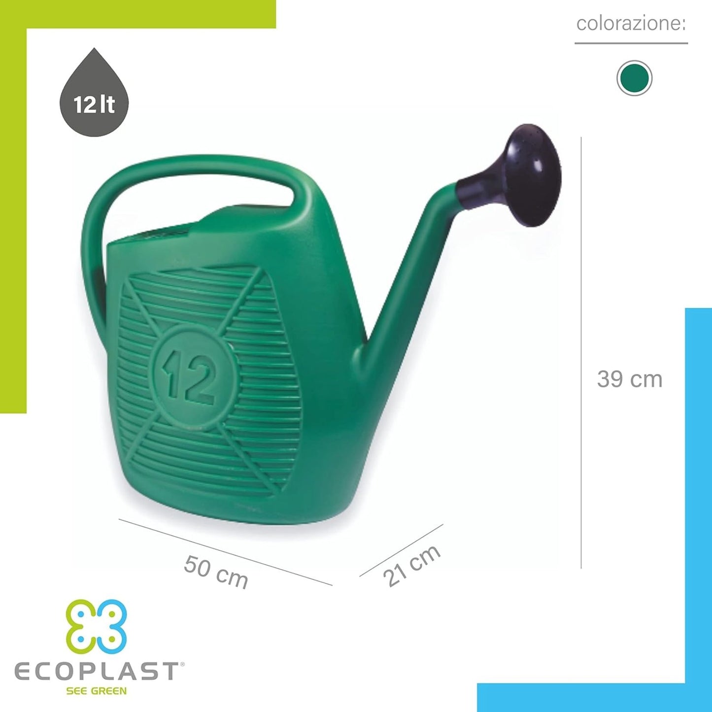 Annaffiatoio Ecoplast 12 Litri – In Plastica Verde Resistente per Giardino – Capiente e Facile da Usare