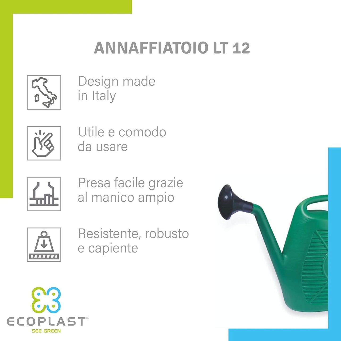 Annaffiatoio Ecoplast 12 Litri – In Plastica Verde Resistente per Giardino – Capiente e Facile da Usare