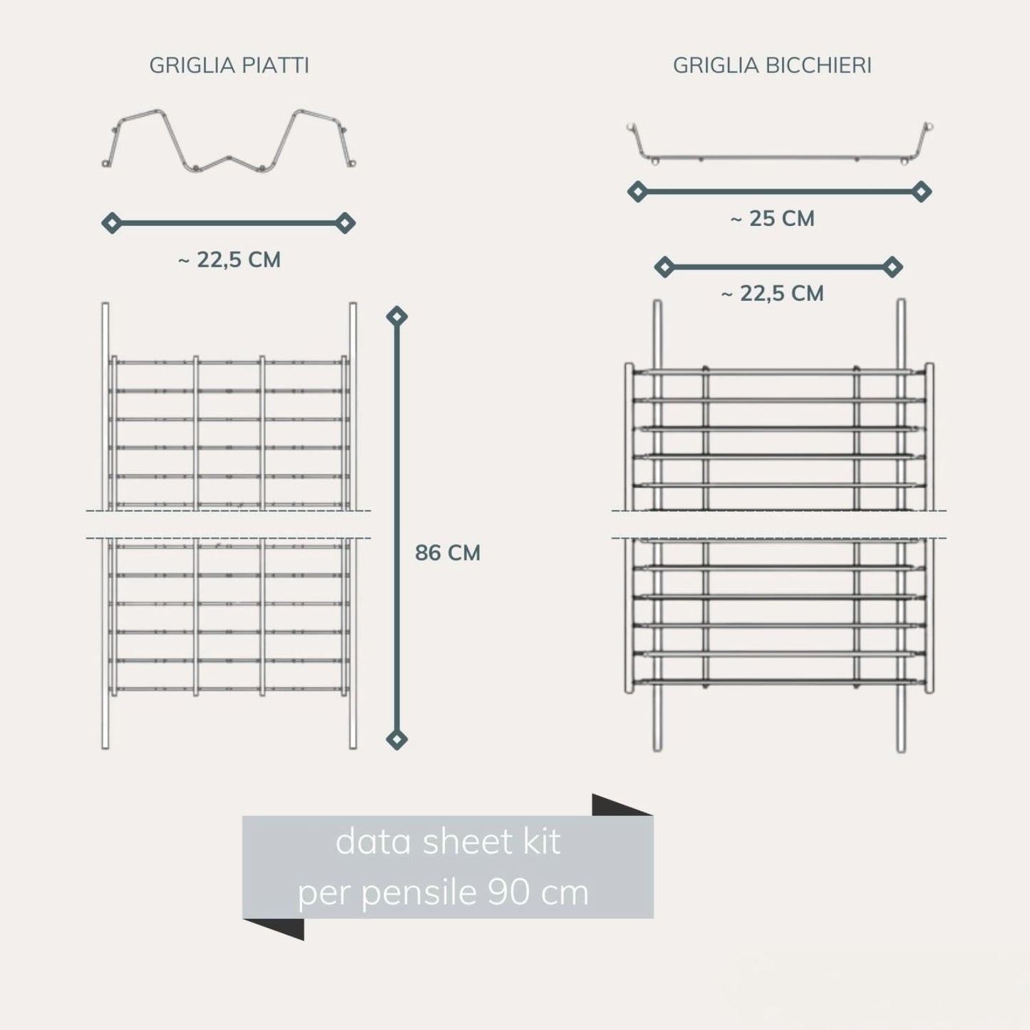 86 cm Abtropfgestell mit Abtropfschale und Glasablage – Geschützter Chromstahl, für 90 cm Wandschränke – Made in Italy