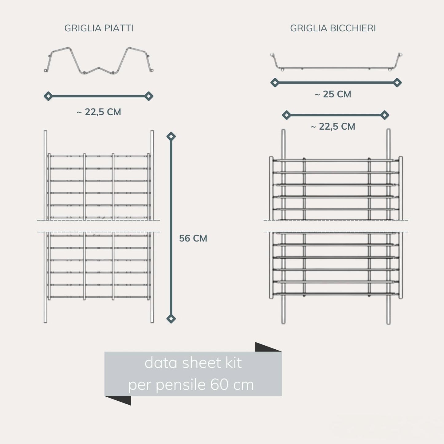 56 cm Abtropfgestell aus Chromstahl mit Abtropfschale – Für 60 cm Hängeschränke – Hergestellt in Italien, langlebig und platzsparend