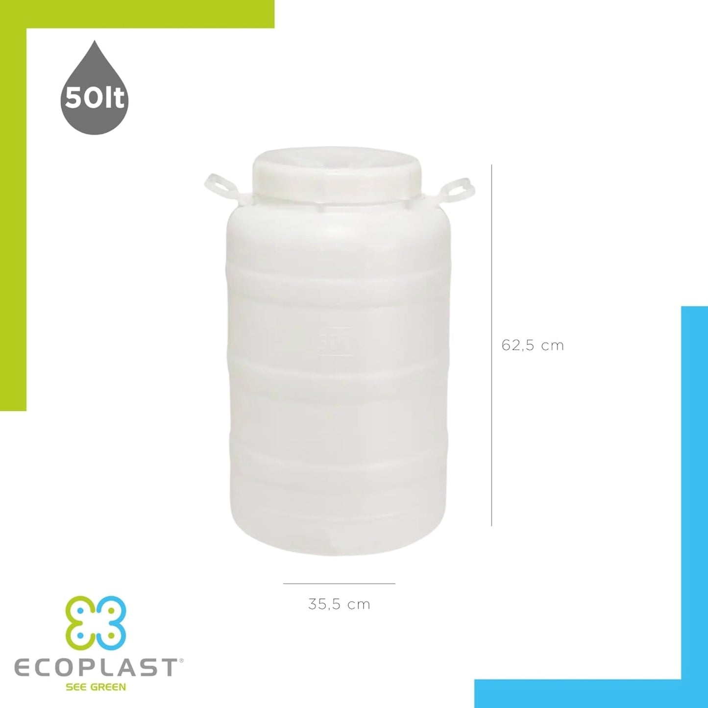 Ecoplast – Fusto Plastica 50LT Bocca Larga con Guarnizione Ermetica – Contenitore Neutro Ø355×62,5?cm (Rubinetto Non Incluso)