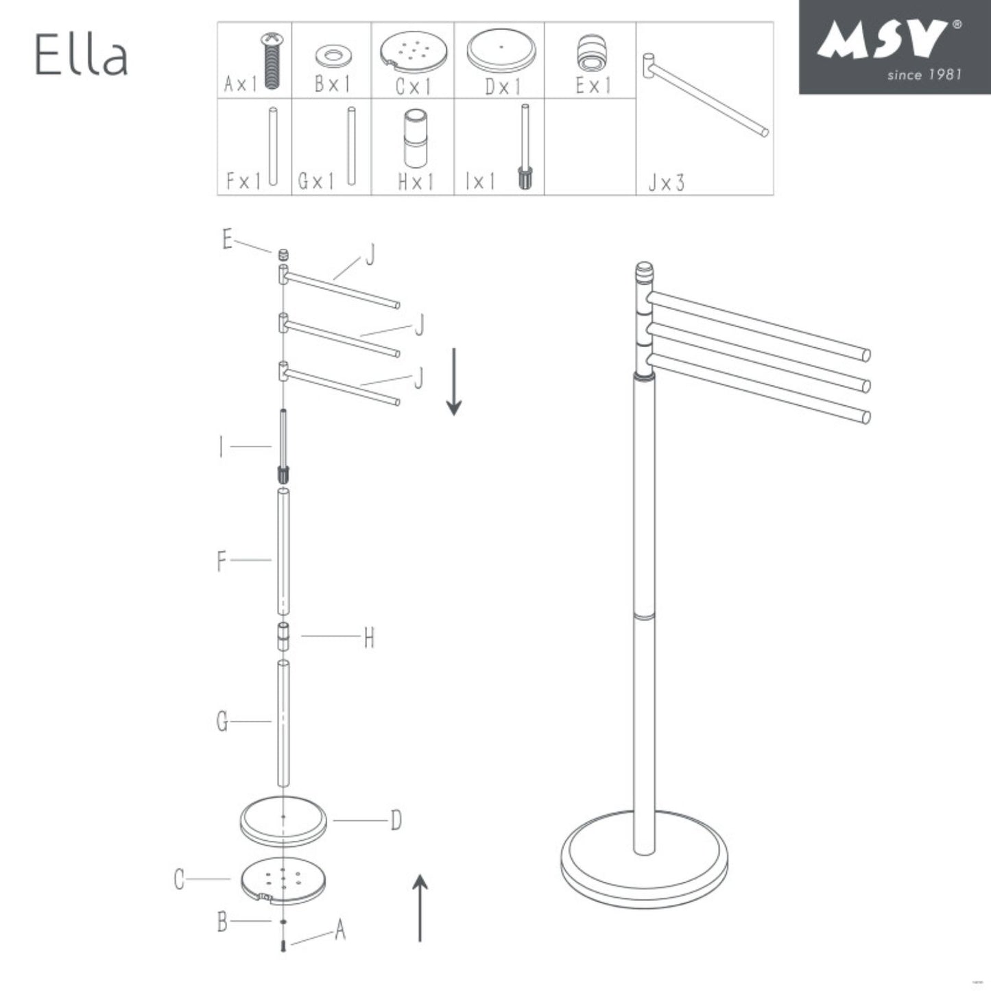 MSV – Ella 3-armiger Handtuchhalter – Mattschwarzer Stahl, modernes Badezimmerdesign 