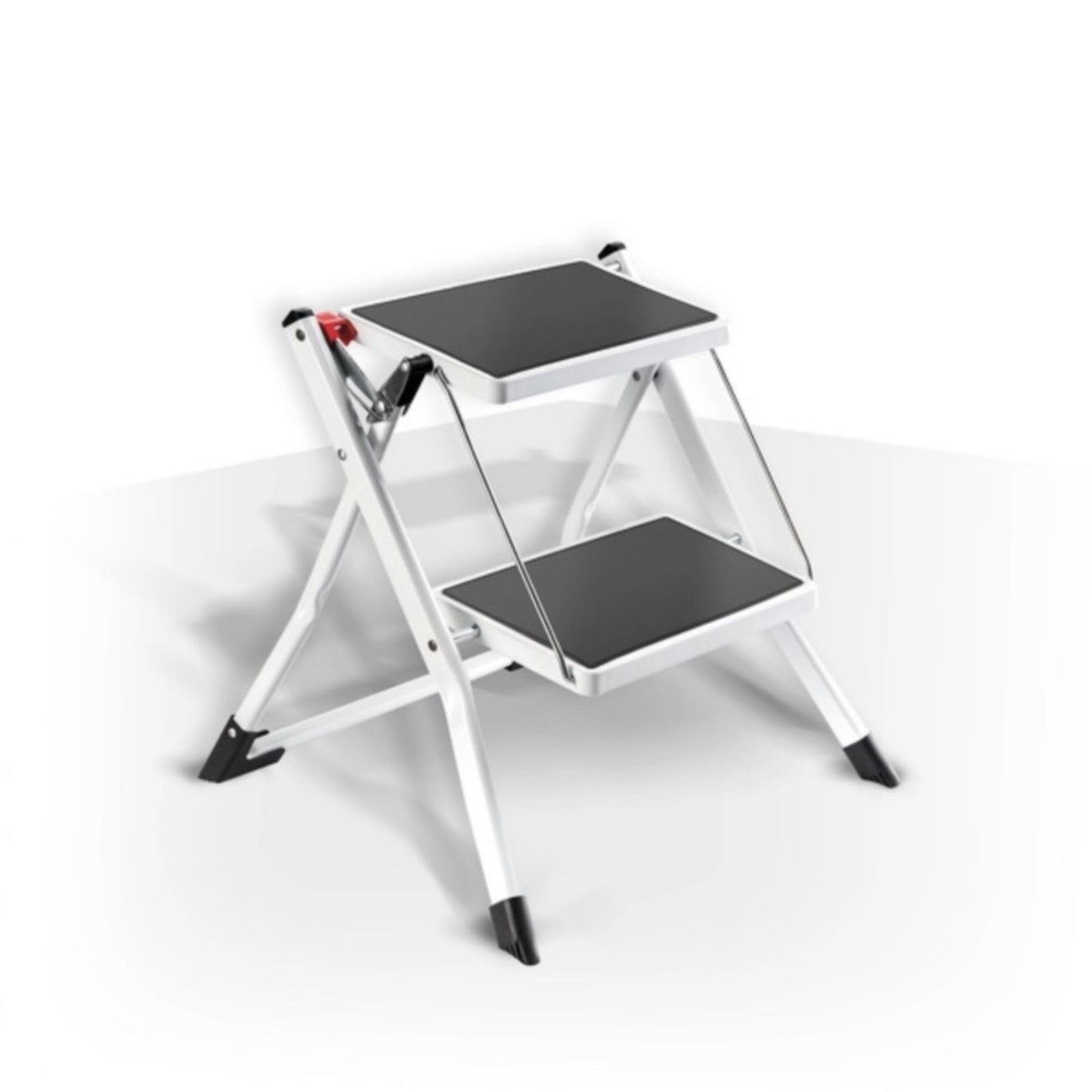 MSV – Schwarzer klappbarer 2-stufiger Tritthocker – Platzsparende Stahlleiter mit Anti-Rutsch-Beschichtung und Gummifüßen, Tragkraft 150 kg 