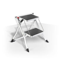 MSV – Schwarzer klappbarer 2-stufiger Tritthocker – Platzsparende Stahlleiter mit Anti-Rutsch-Beschichtung und Gummifüßen, Tragkraft 150 kg 