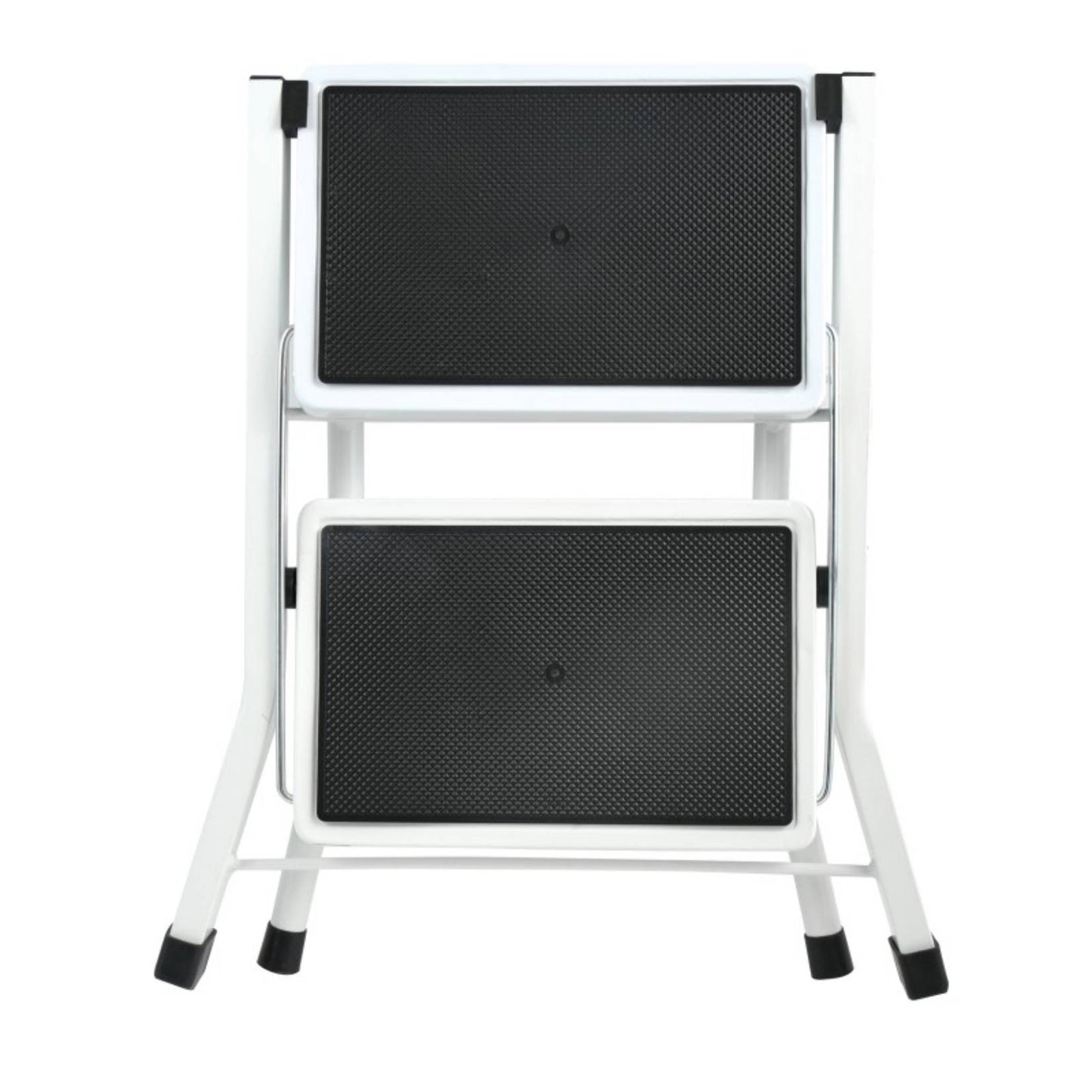 MSV – Schwarzer klappbarer 2-stufiger Tritthocker – Platzsparende Stahlleiter mit Anti-Rutsch-Beschichtung und Gummifüßen, Tragkraft 150 kg 