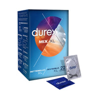 Durex Combo Mix XL – Packung mit 22 extragroßen Kondomen, sortiert in den Sorten glatt und stimulierend, leicht anzuziehen mit Reservoir, mehr Komfort für alle, die die Größe XL bevorzugen.