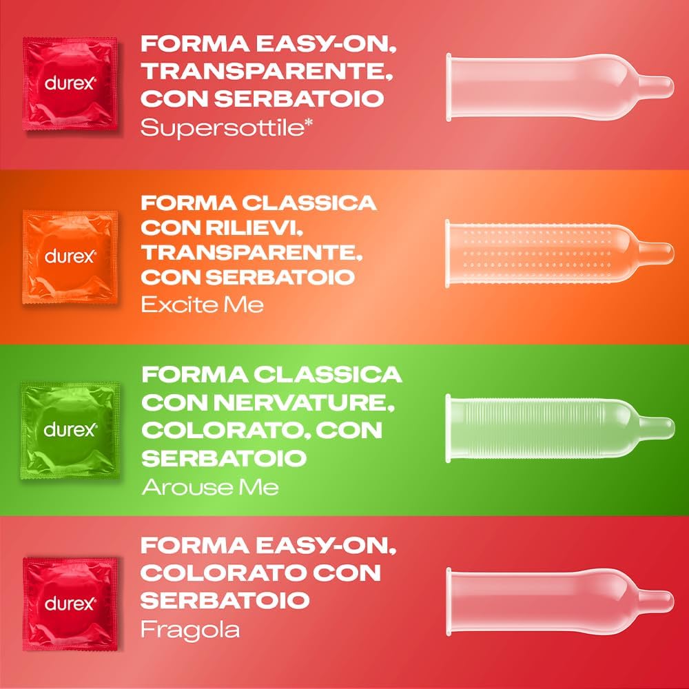 Durex Überraschungsmix – Verschiedene dünne Kondome mit Relief und Rippen, leicht überzuziehen, mit Gleitmittel und Reservoir, extra viel Vergnügen, 30 Stück