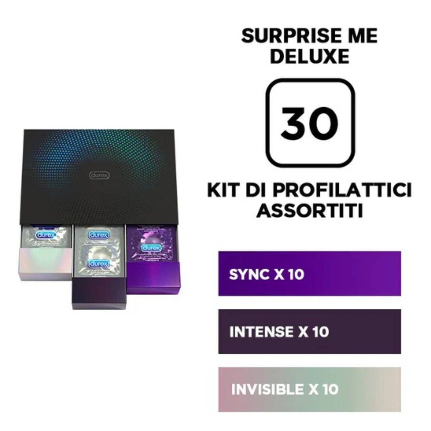 Durex Surprise Me Deluxe – Verschiedene stimulierende und verzögernde Kondome, Leistungs- und Dauerbox, 30 Kondome