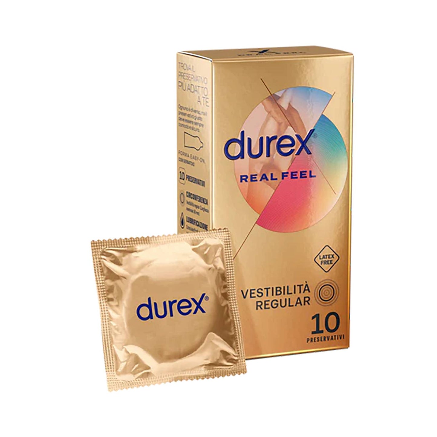 Durex Real Feel – Latexfreie Kondome aus Polyisopren, Haut-auf-Haut-Gefühl, leicht anzuziehen, mit Gleitmittel und Reservoir, normale Passform – 10er-Pack