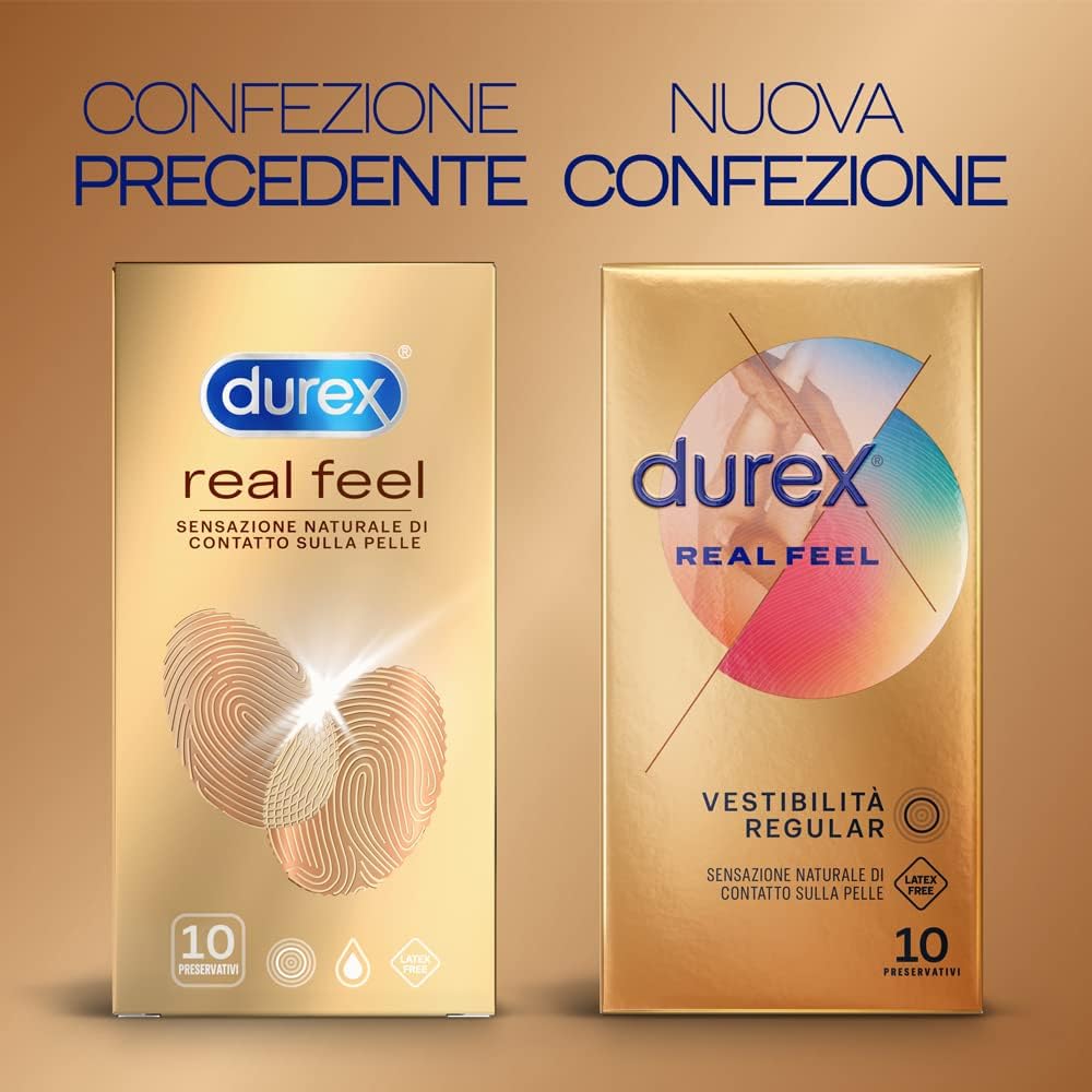 Durex Real Feel – Latexfreie Kondome aus Polyisopren, Haut-auf-Haut-Gefühl, leicht anzuziehen, mit Gleitmittel und Reservoir, normale Passform – 10er-Pack