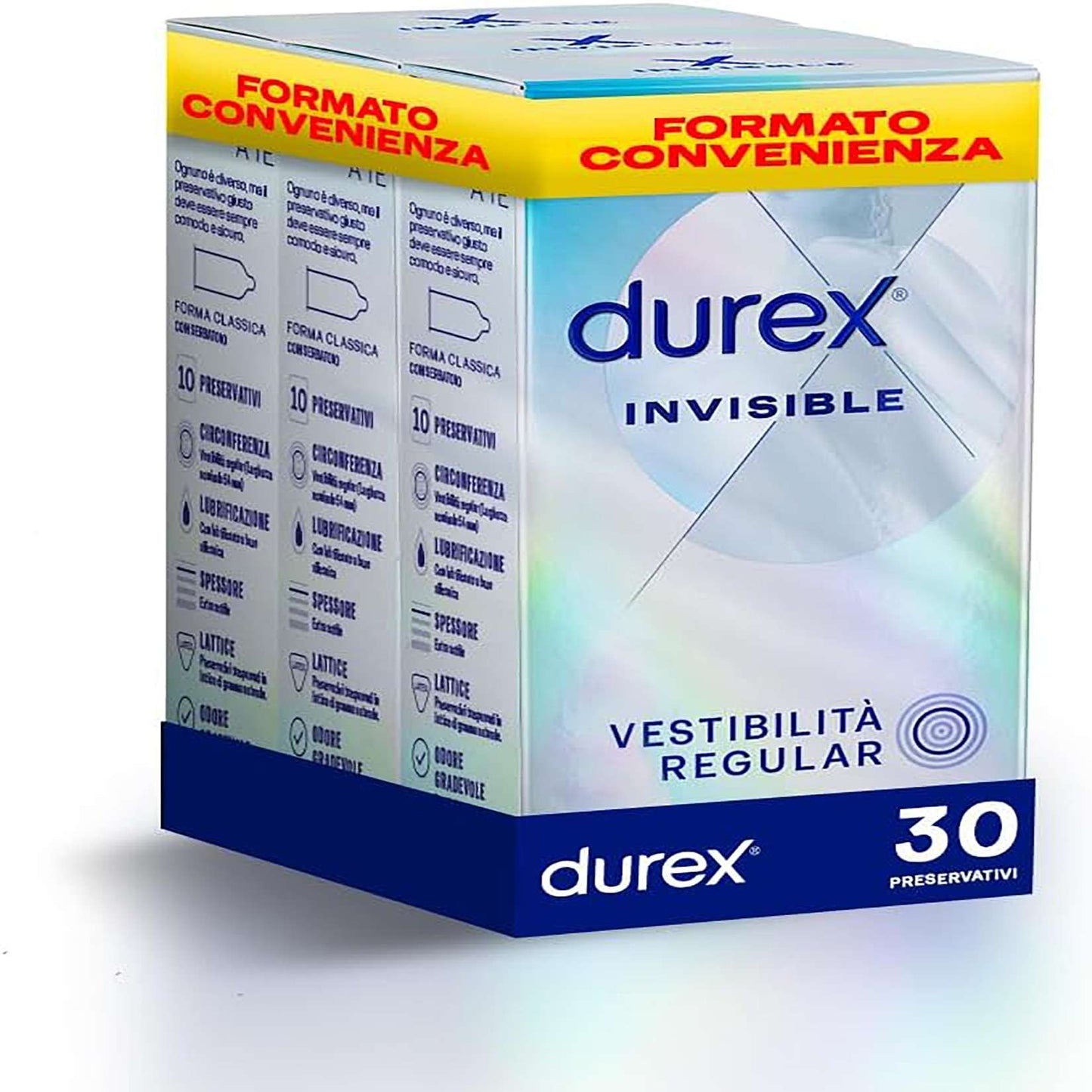 Durex Invisible – Ultradünne Kondome für maximale Sensibilität, Easy-On mit Reservoir, transparent und befeuchtet, Regular 54 mm, Packung mit 30 Kondomen.