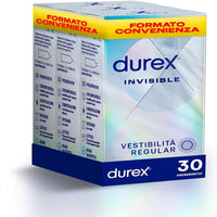 Durex Invisible – Ultradünne Kondome für maximale Sensibilität, Easy-On mit Reservoir, transparent und befeuchtet, Regular 54 mm, Packung mit 30 Kondomen.