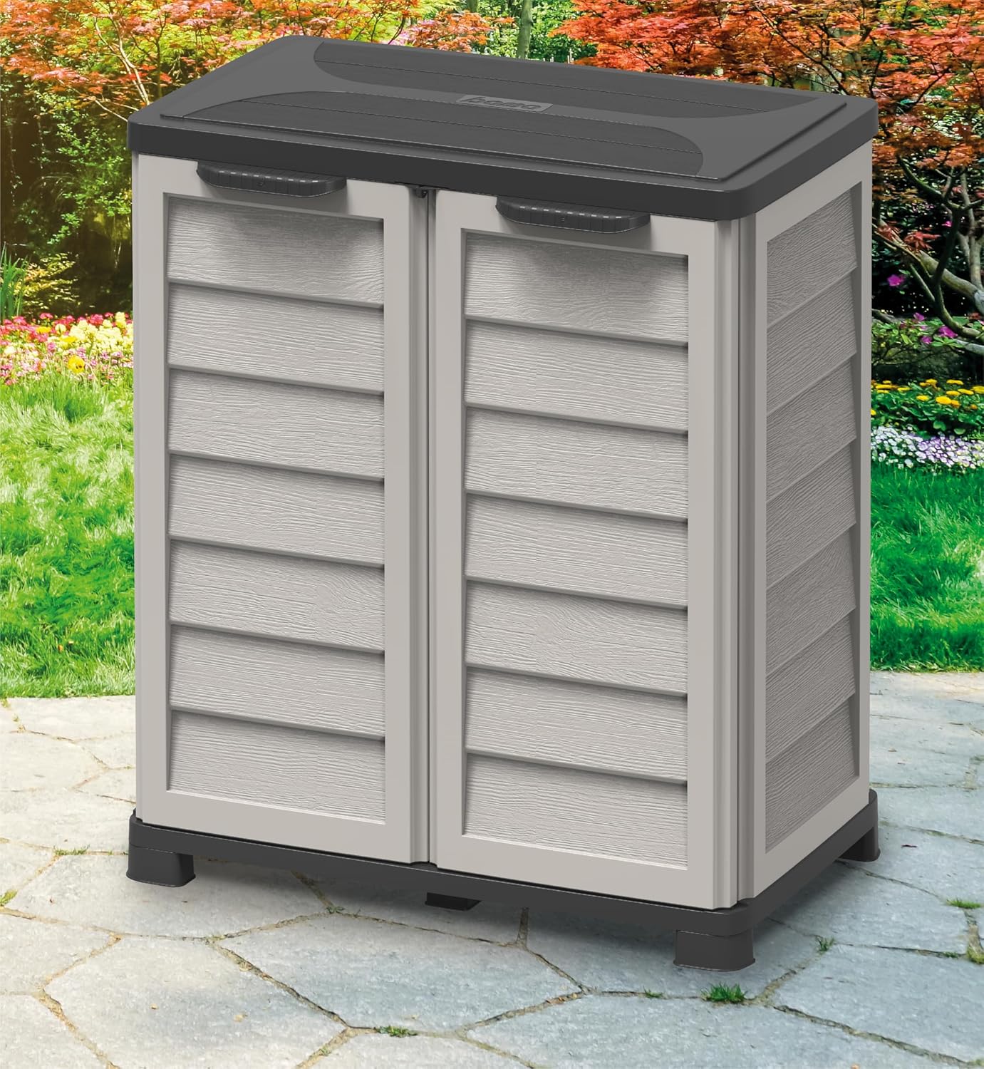 Bama Armadietto Riponi in Resina Effetto Legno, Colore Sabbia – per Interno/Esterno, 76x46x89 cm –Ripiano Regolabile, Predisposizione Lucchetto – Portata Mensola 20 kg