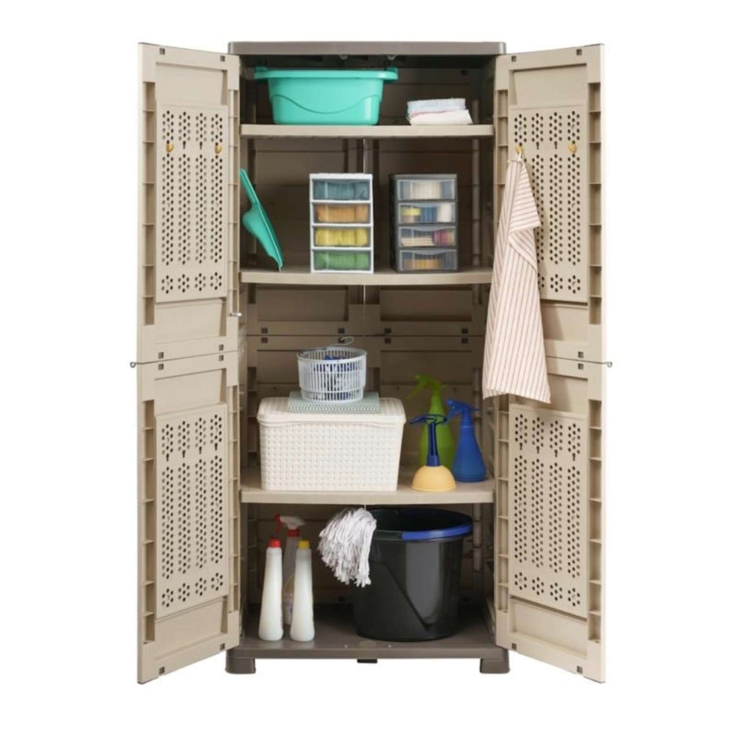 Bama Armadio Alto Riponi in Resina Effetto Legno, Colore Beige – 76x46x168 cm – 3 Ripiani Regolabili, Interno/Esterno, Predisposizione Lucchetto, Portata Mensola 20 kg.