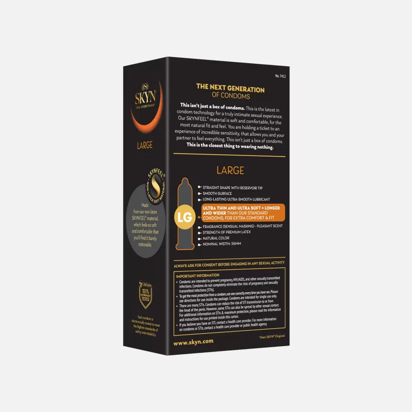 SKYN® Large – Latexfreie Polyisopren-Kondome (SKYNFEEL®), 56 mm groß, länger und breiter, glatt und gleitfähig mit Reservoir, natürlicher Komfort. Packung mit 48 Kondomen.