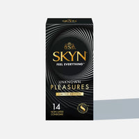 SKYN® Unknown Pleasures – Latexfreie Polyisopren-Kondome (SKYNFEEL®), Sortiert: Sanft &amp; stimulierend, Aromatisiert mit Wärme-/Kribbel-/Kälteeffekt, Breite 53 mm, mit Reservoir. Packung mit 42 Kondomen