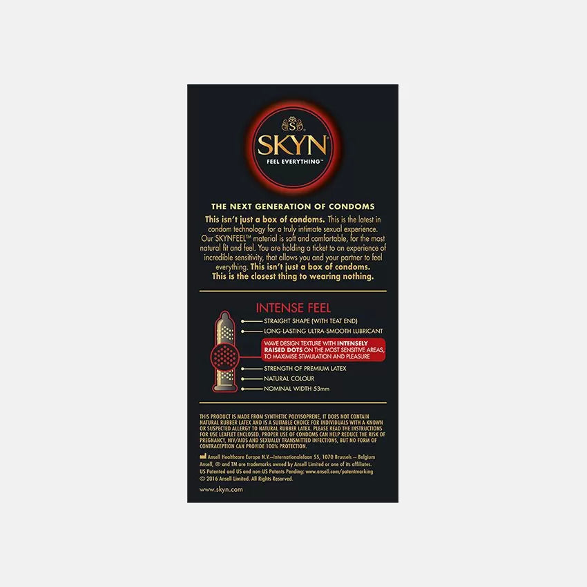 SKYN® Intense Feel – Latexfreie Kondome aus Polyisopren (SKYNFEEL®), stimulierend mit erhabenen Noppen und gewellter Textur, 53 mm Regular, mit Gleitmittel und Reservoir, 50 Kondome.