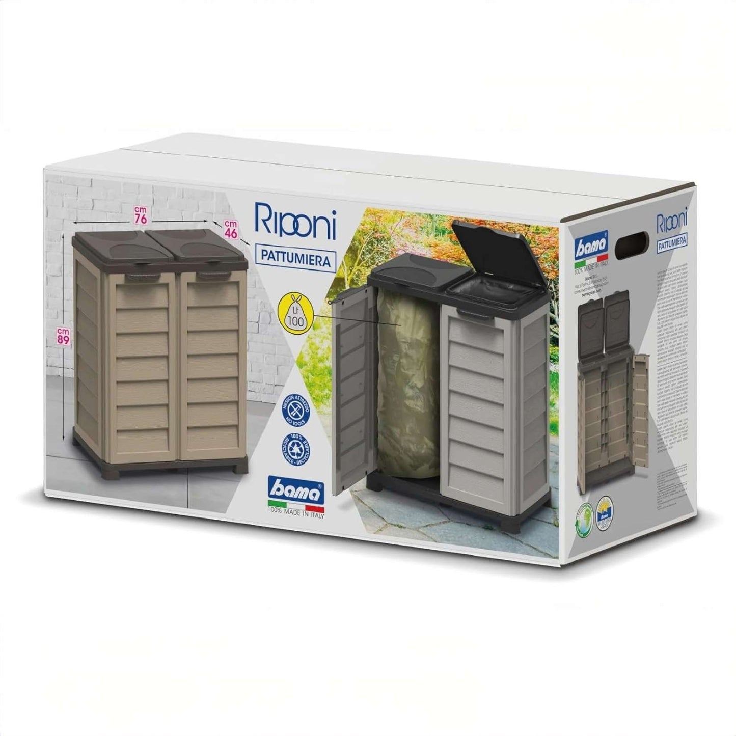 Bama – Pattumiera Riponi: 2 sacchi da 100L – Beige – Resina riciclabile, facile da pulire.