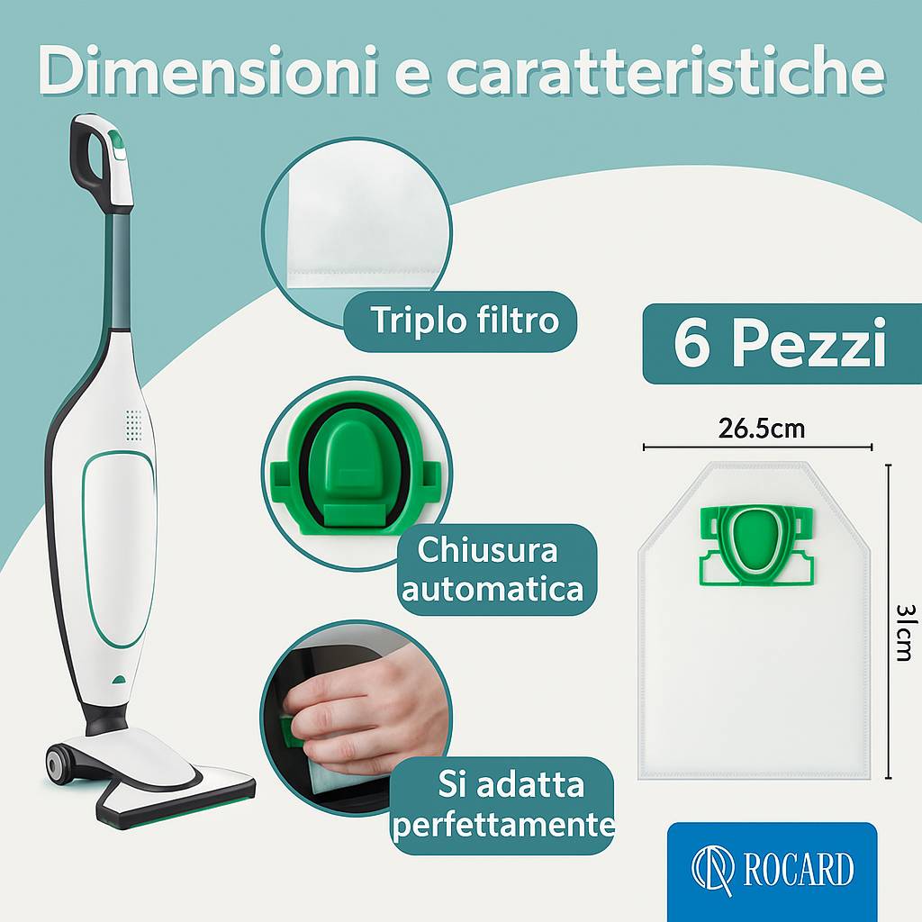 Sacchetti Compatibili per Folletto VK200 e VK220S – Confezione da 6, Microfibra Resistente, Antibatterici, Alta Filtrazione, Ricambi per Aspirapolvere Vorwerk